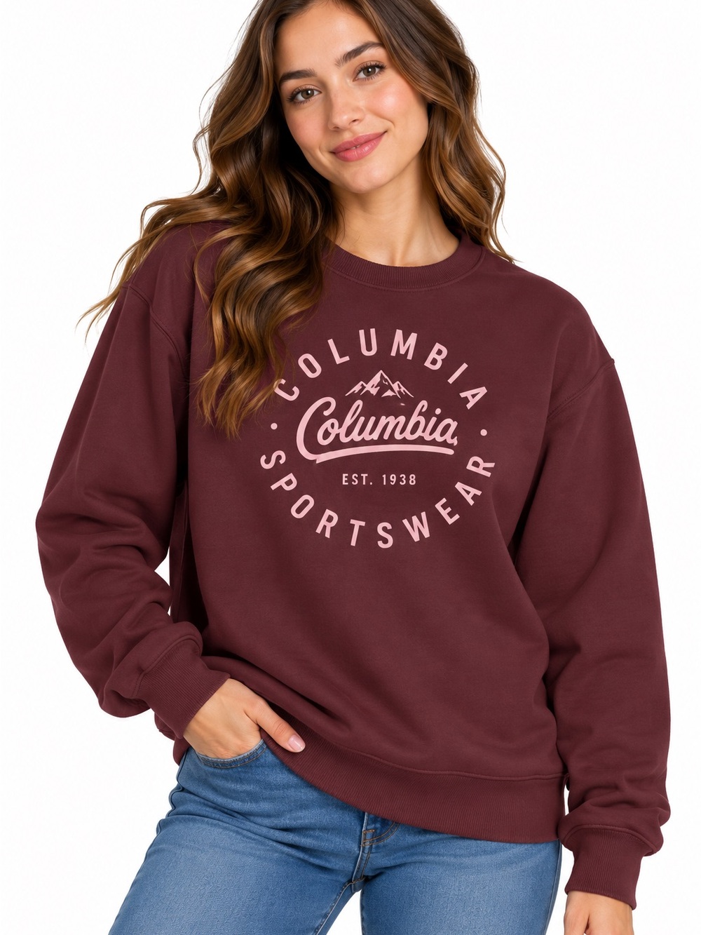 Columbia Women's Maroon Crewneck Sweatshirt with Pink Logo